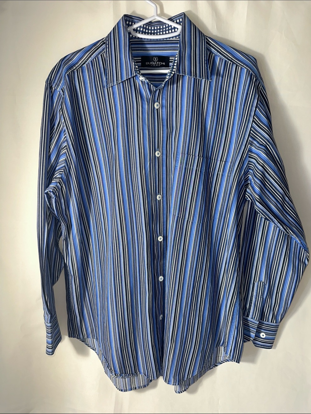 Bugatchi Uomo Blue Striped Button Front Dress Shirt Men’s Large Luxury Cotton